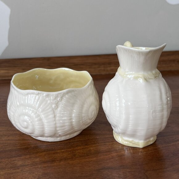 Vintage Belleek Seashell Nautilus Lustre Creamer & Sugar Bowl Green Mark Ireland - Picture 7 of 13